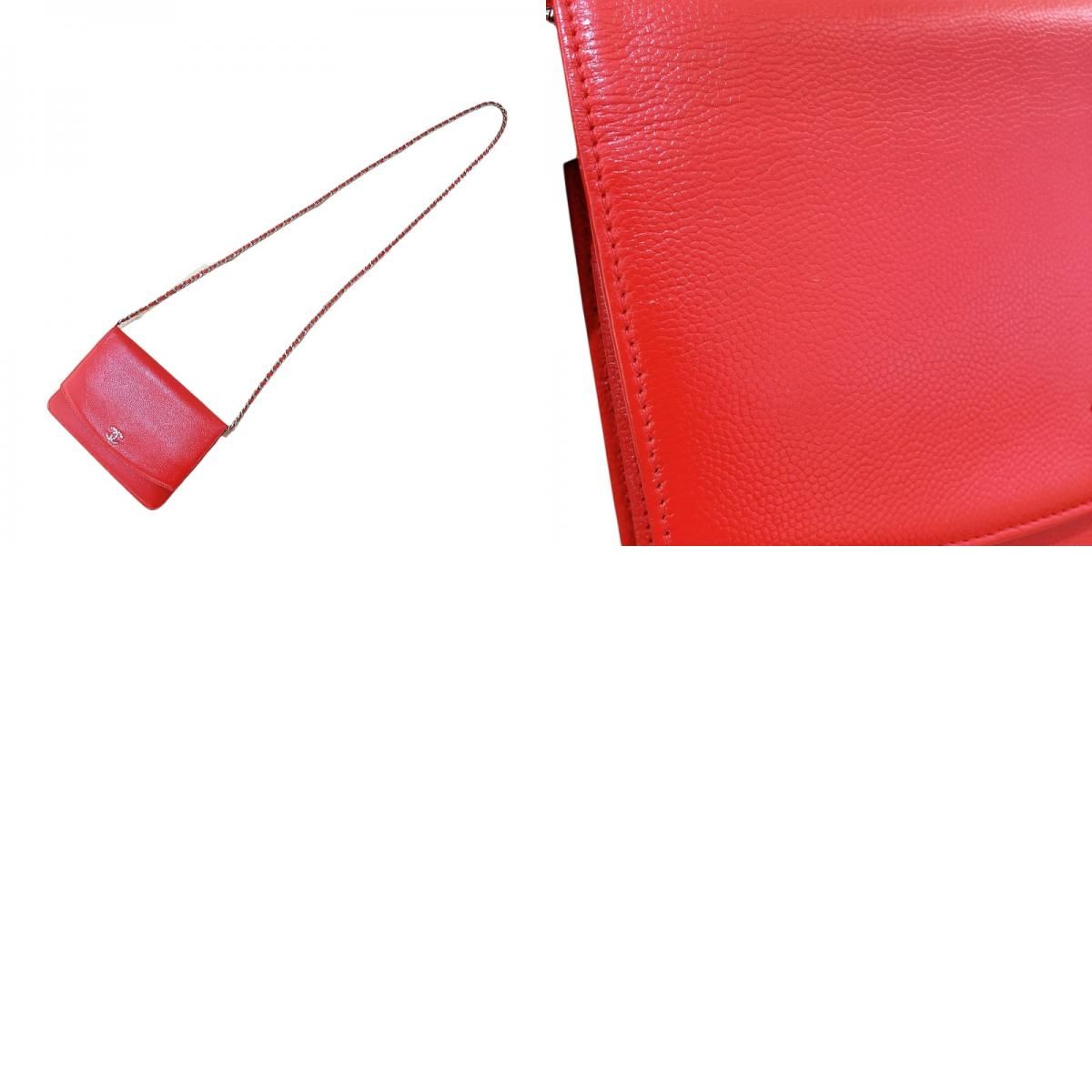 CHANEL Red Caviar Skin Chain Wallet with Silver Hardware