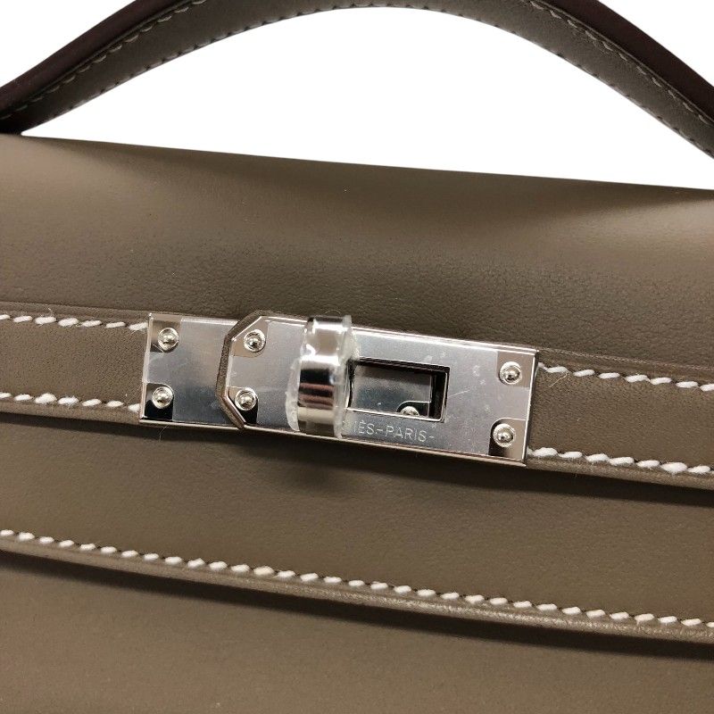 HERMES Kelly Pochette W刻 in Etoupe with Silver Hardware