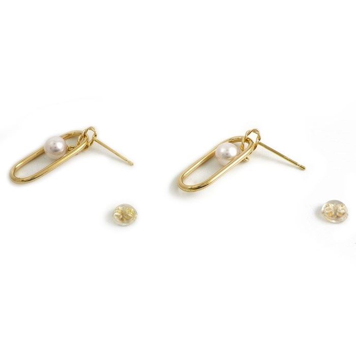 Elegant K18YG Pearl Oval Link Motif Swing Earrings
