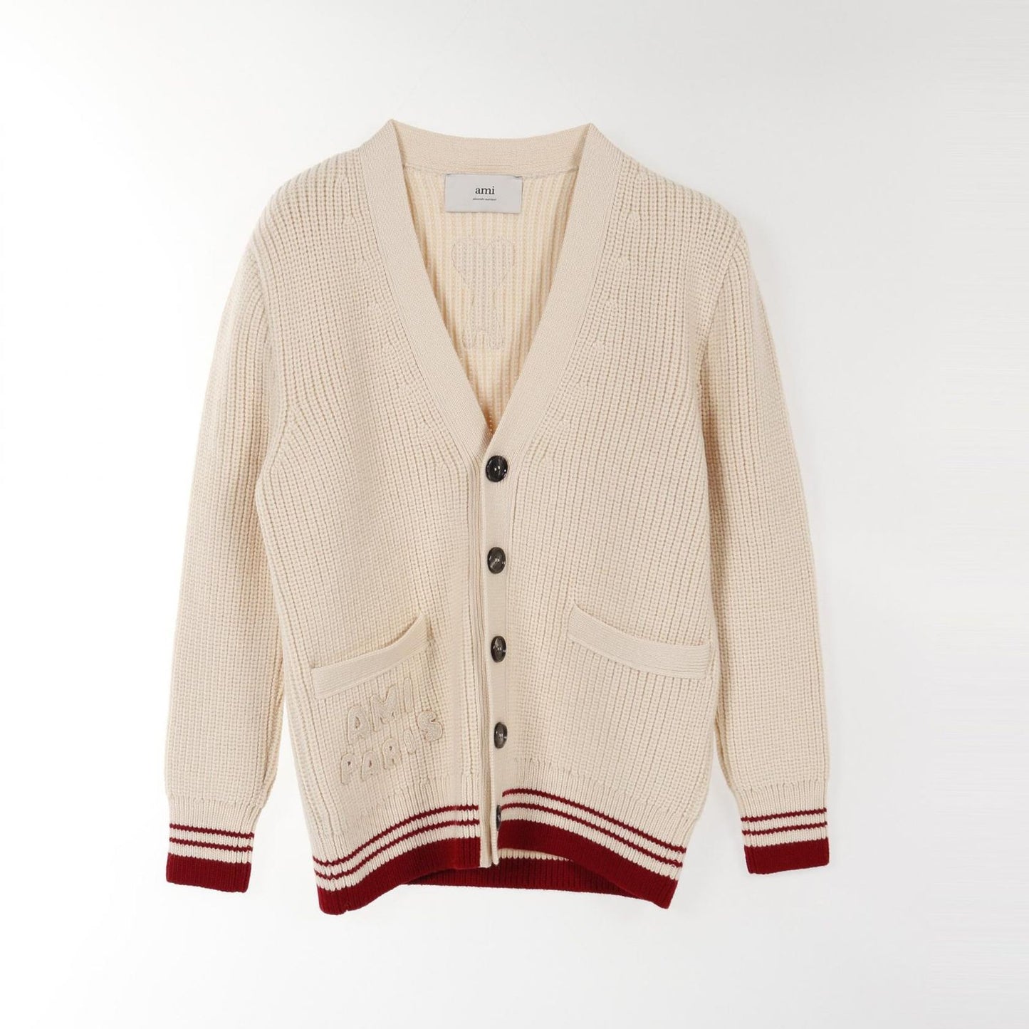 AMI College Rib Cardigan in Ivory - Unisex Wool Luxury