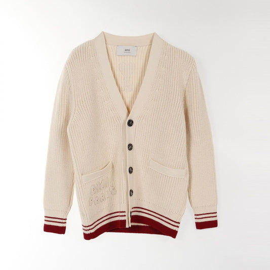 AMI College Rib Cardigan in Ivory - Unisex Wool Luxury