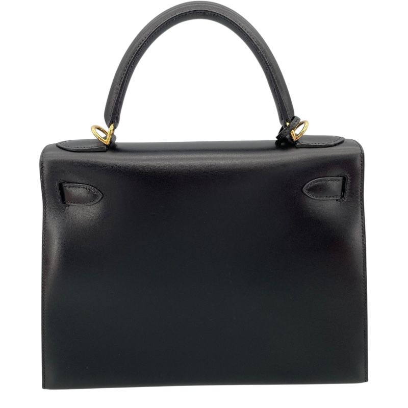 HERMES Kelly 28 Black Box Calf Shoulder Bag with Gold Hardware