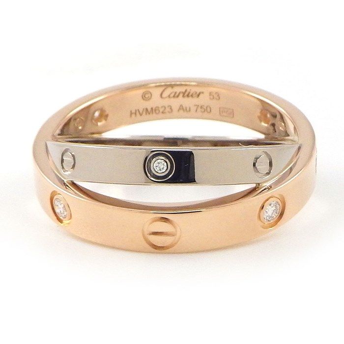 Cartier Love Ring - 2-Band Cross with Diamonds in K18 White & Pink Gold
