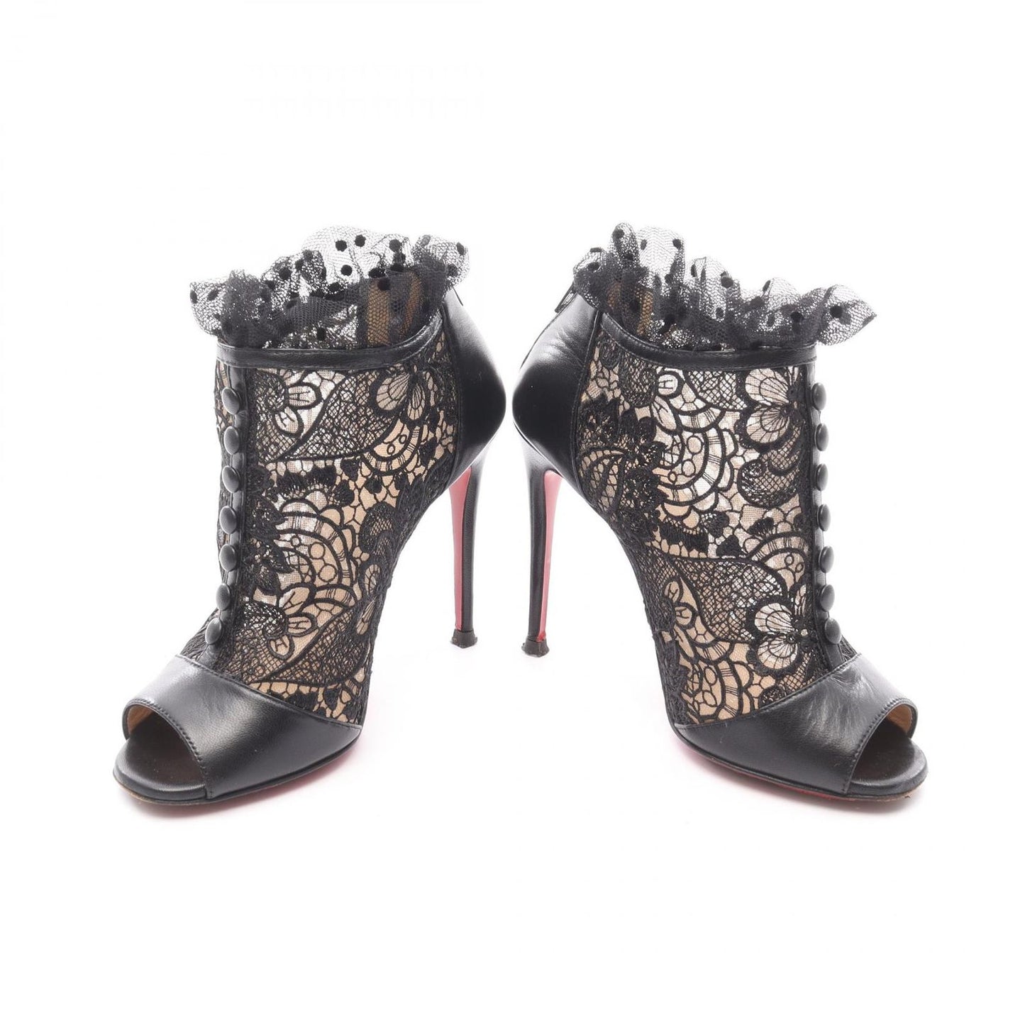 Christian Louboutin Black Leather Lace Open-Toe Booties - Size 35