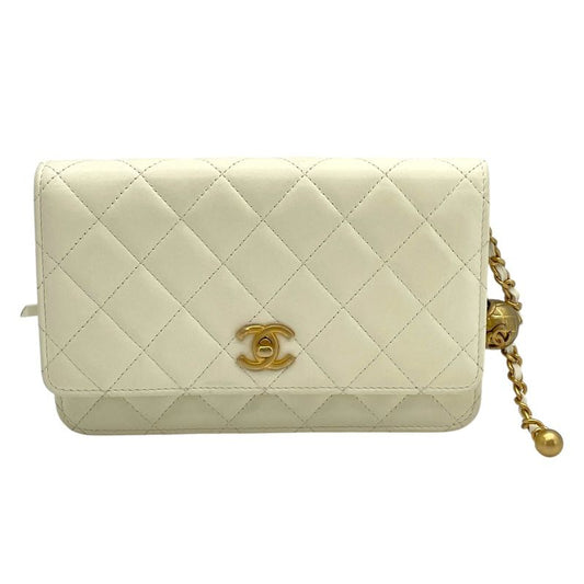 CHANEL Matelassé Coco Ball Chain Wallet - White & Gold Hardware