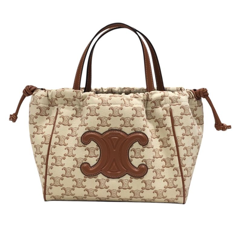 CELINE Small Cabas Drawstring Bag - White & Tan Textile