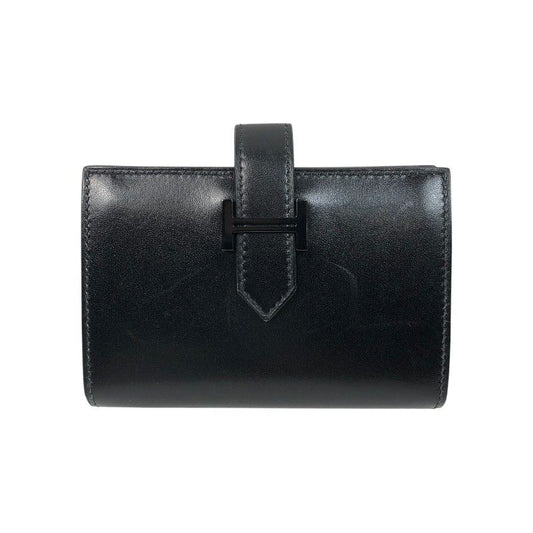 HERMES Béarn Mini Card Case in Black Box Calfskin with Gold Hardware
