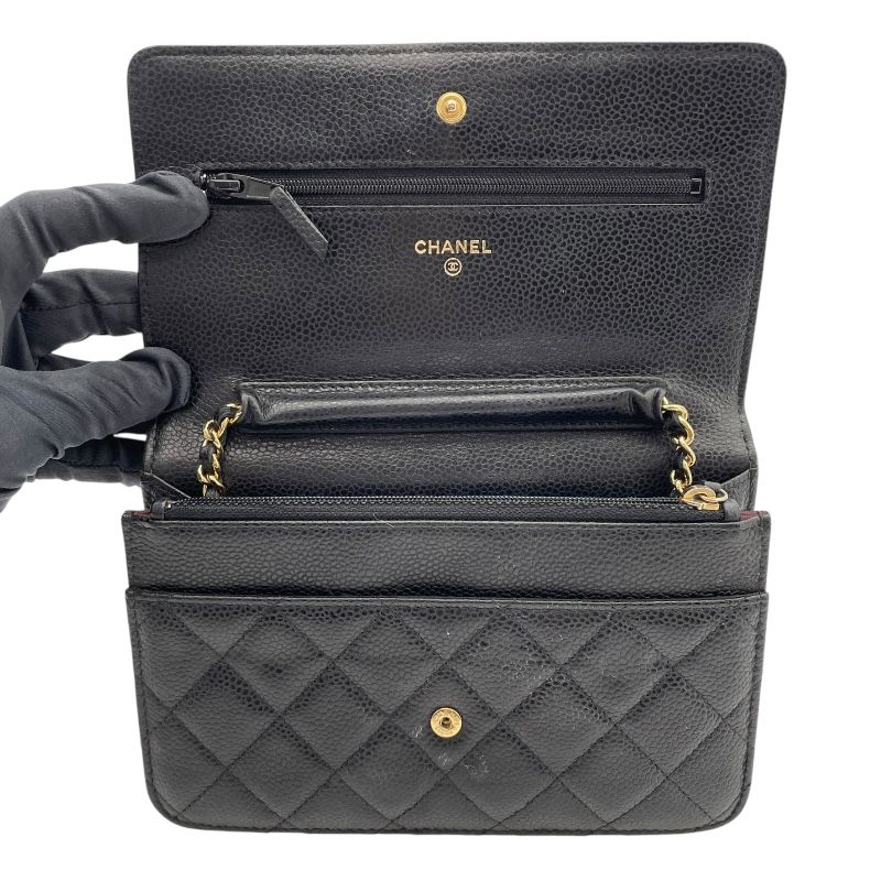CHANEL Matelassé Chain Wallet A33814 - Black Caviar with Gold Hardware