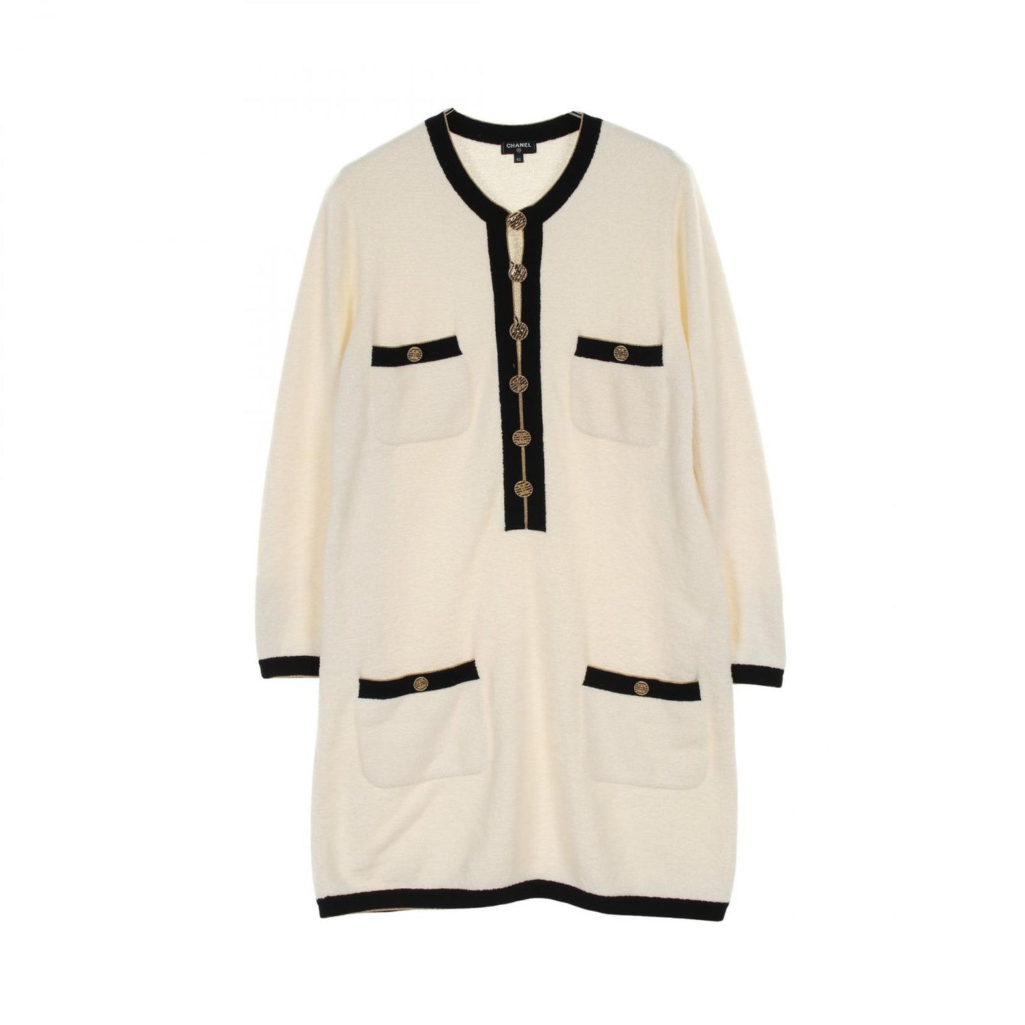 CHANEL Coco Mark Button Pile Dress in White/Black - Size 42