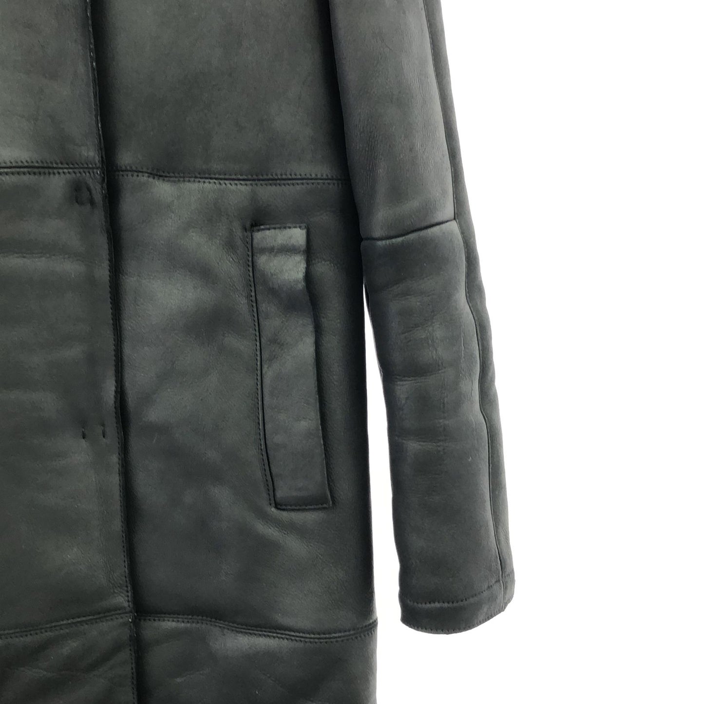 JIL SANDER NAVY Black Leather Shearling Coat - Size 34