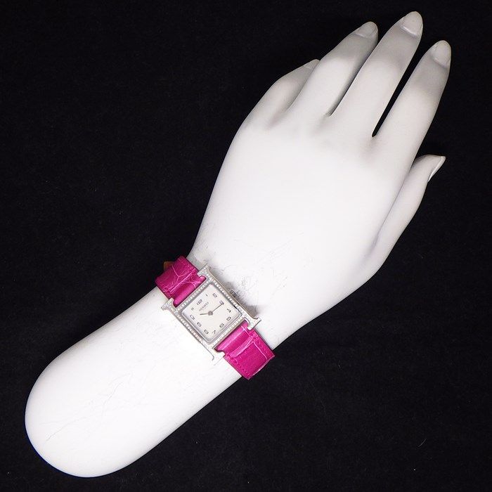 HERMES H-Watch PM 25mm with Diamond Bezel & Pink Alligator Strap