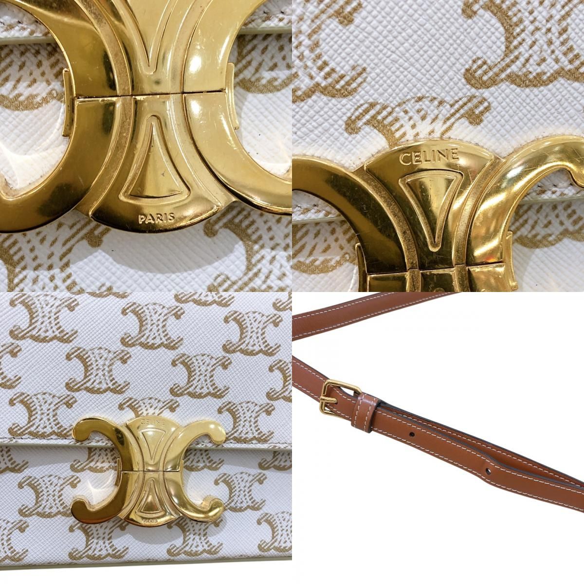 CELINE Claude Shoulder Bag in White Trionf Canvas & Calfskin