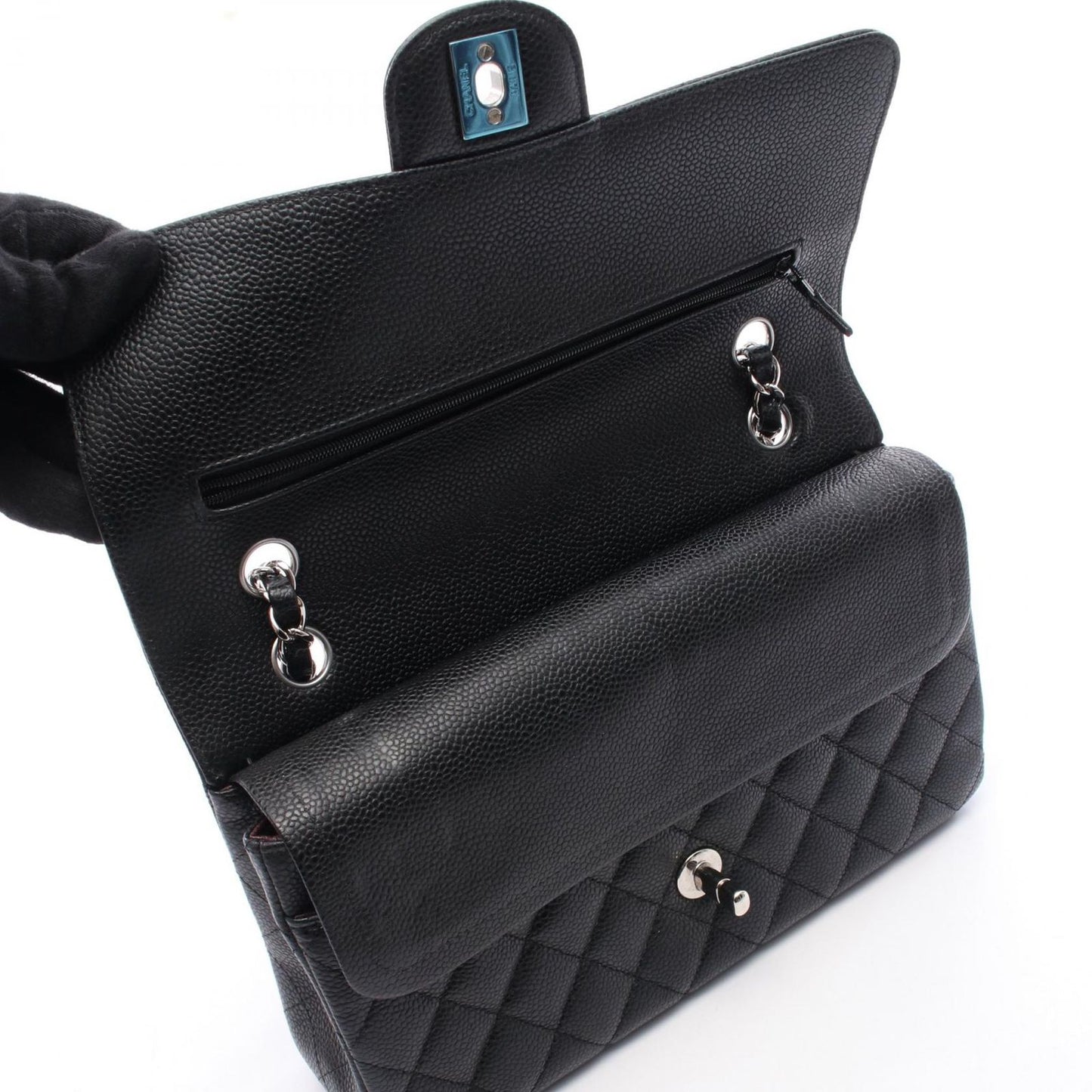 CHANEL Matelassé Double Flap Shoulder Bag in Black Caviar Skin