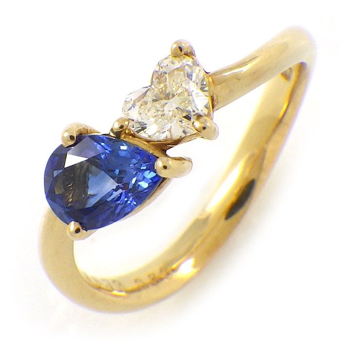 Elegant Pear Shape Sapphire & Heart Diamond Ring in 18K Yellow Gold