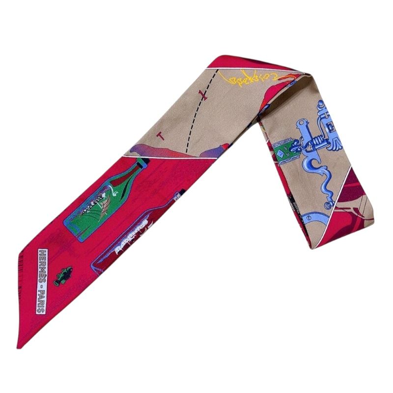 HERMES Caleche Mors et Bouteilles Twilly Scarf in Bordeaux Multi