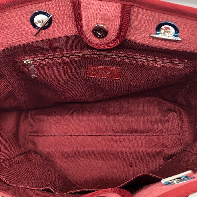 CHANEL Deauville MM Tote Bag in Red Canvas with Silver Hardware