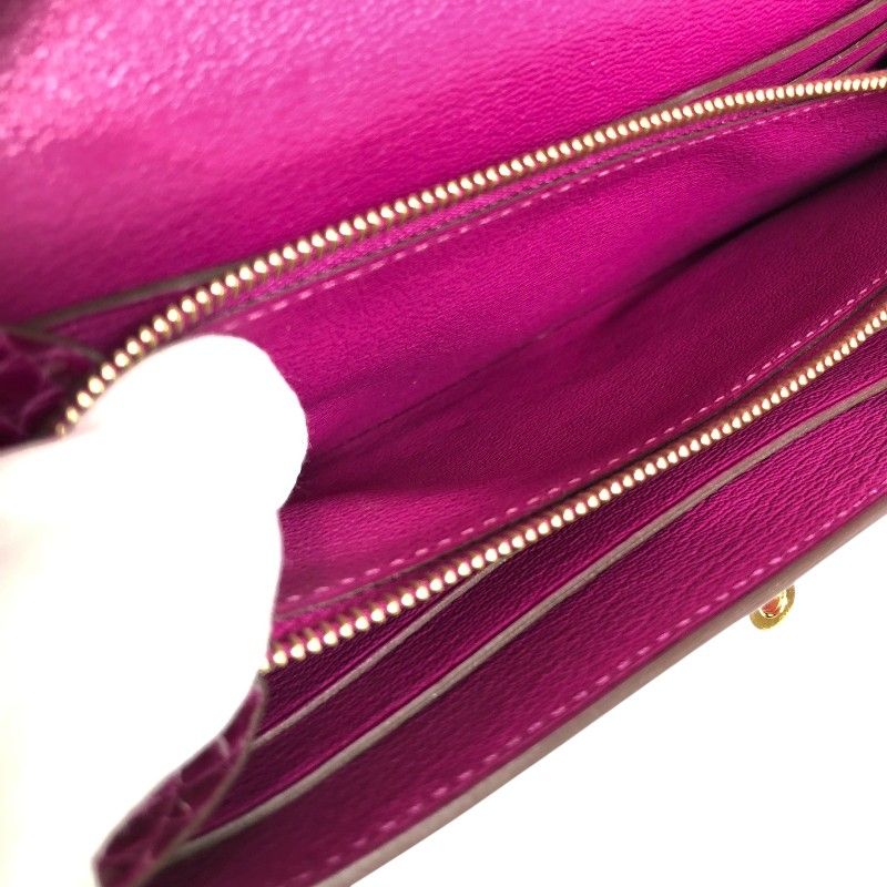HERMES Kelly Wallet C Stamp Rose Sheherazade Alligator Gold Hardware