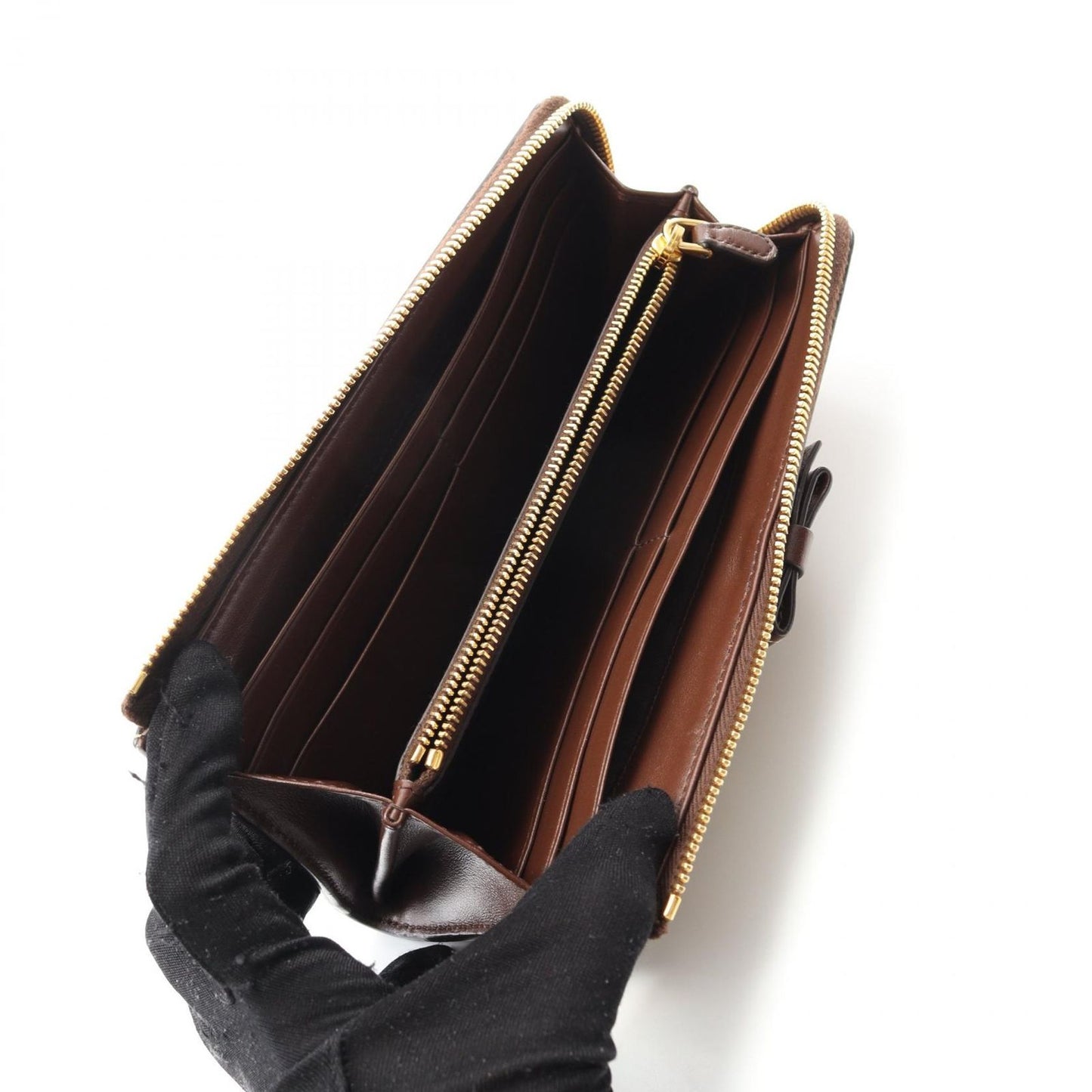 PRADA Logo Jacquard Round Long Wallet in Beige/Dark Brown