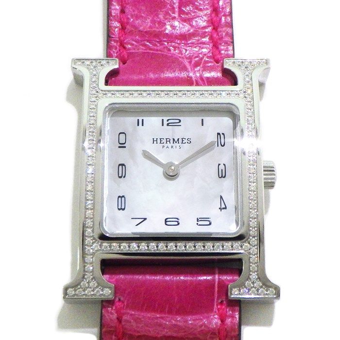 HERMES H-Watch PM 25mm with Diamond Bezel & Pink Alligator Strap