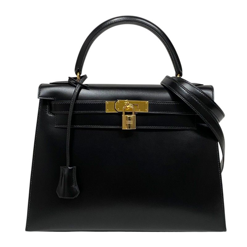 HERMES Kelly 28 Black Box Calf Handbag with Gold Hardware