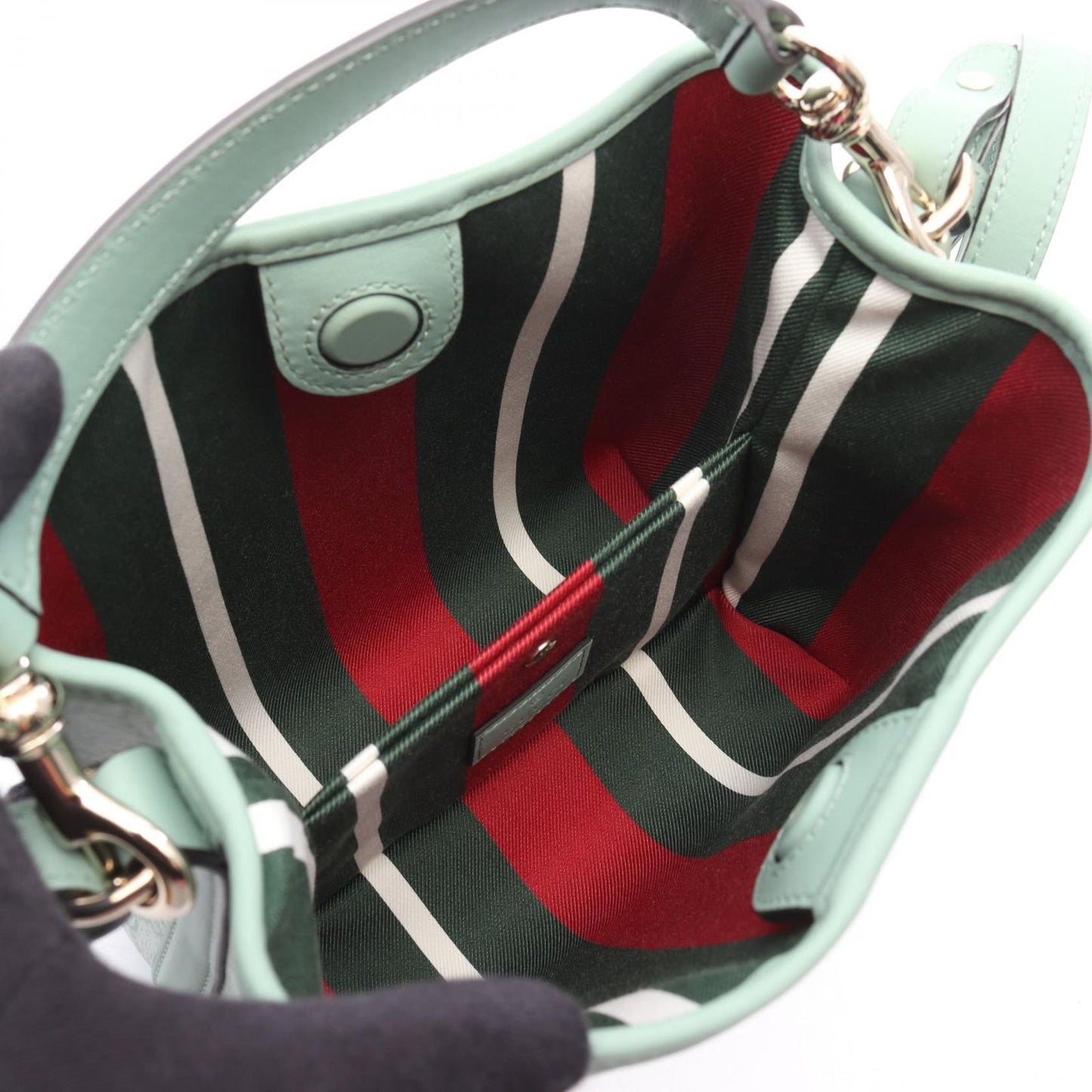 GUCCI GG Emblem Small Bucket Bag in Sage Green