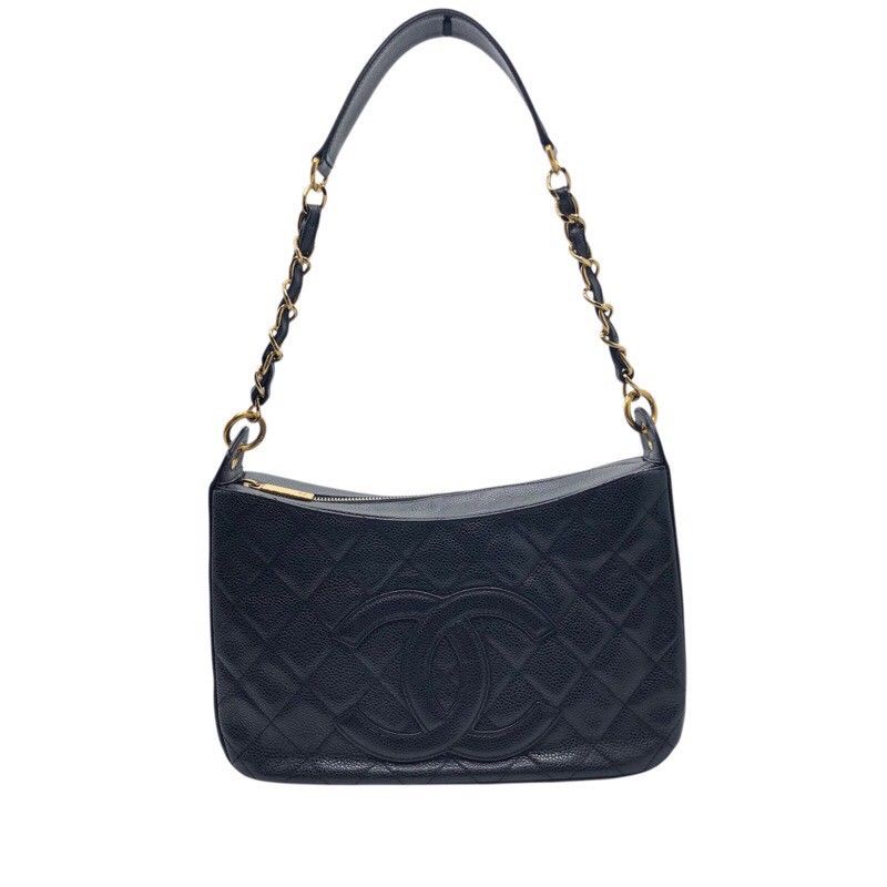 CHANEL Coco Mark Semi Shoulder Bag in Black Caviar with Gold Hardware