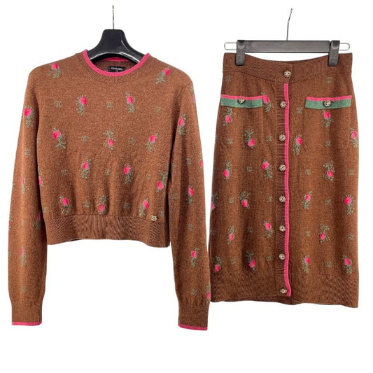 CHANEL Floral Cashmere Knit Sweater & Skirt Set - Brown