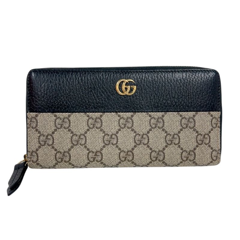 GUCCI Double G Zip Around Wallet - Black/Beige with Gold Hardware