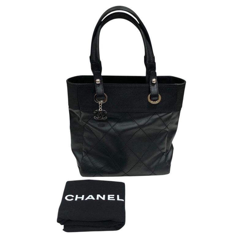 CHANEL Paris Biarritz PM Tote in Black Coated Canvas - Timeless Elegance