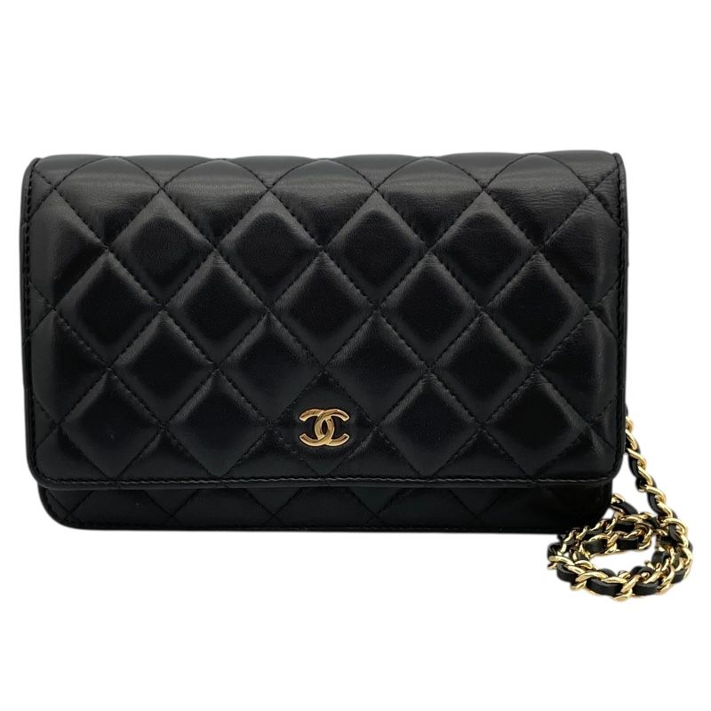 CHANEL Matelassé Chain Wallet A33814 - Black Lambskin with Gold Hardware