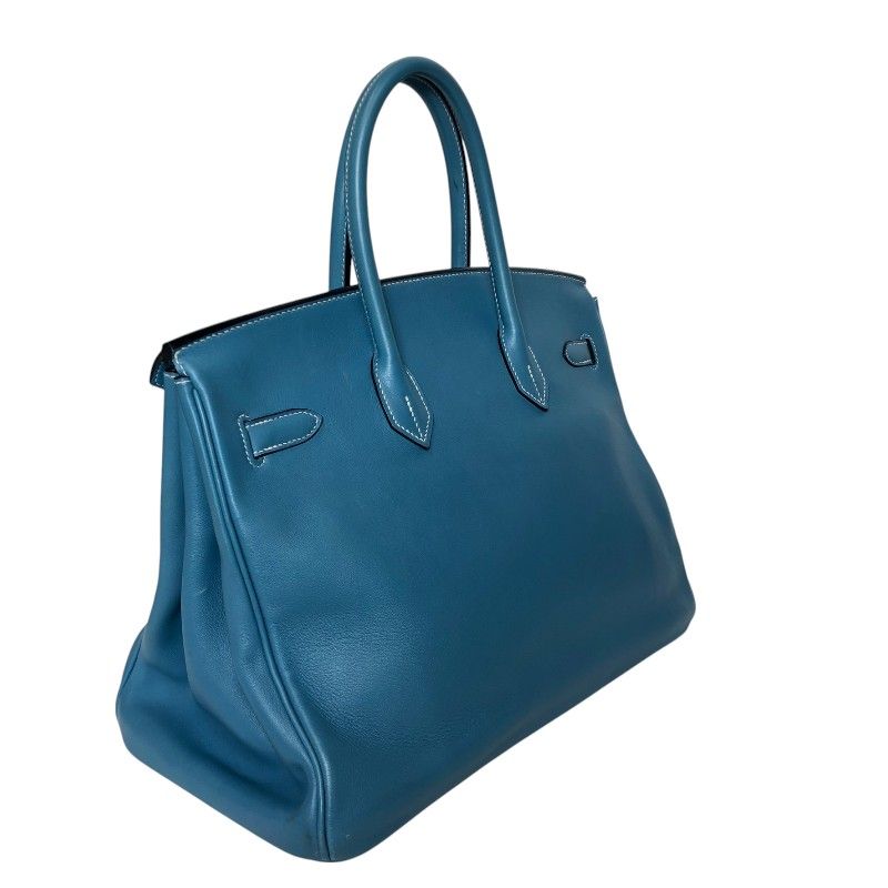 HERMES Birkin 35 Blue Jean Swift Leather Handbag with Silver Hardware
