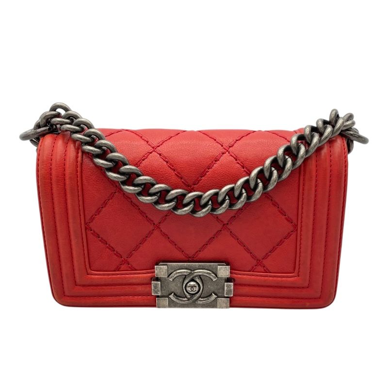 CHANEL Boy Chanel 20 Red Leather Shoulder Bag with Silver Hardware