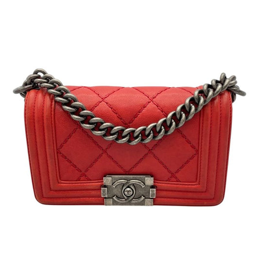 CHANEL Boy Chanel 20 Red Leather Shoulder Bag with Silver Hardware