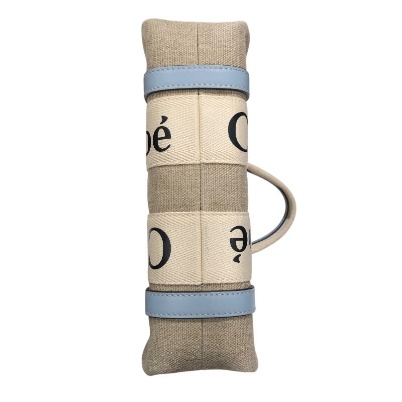 Chloe Woody Small Tote in Light Blue & Beige Linen Canvas