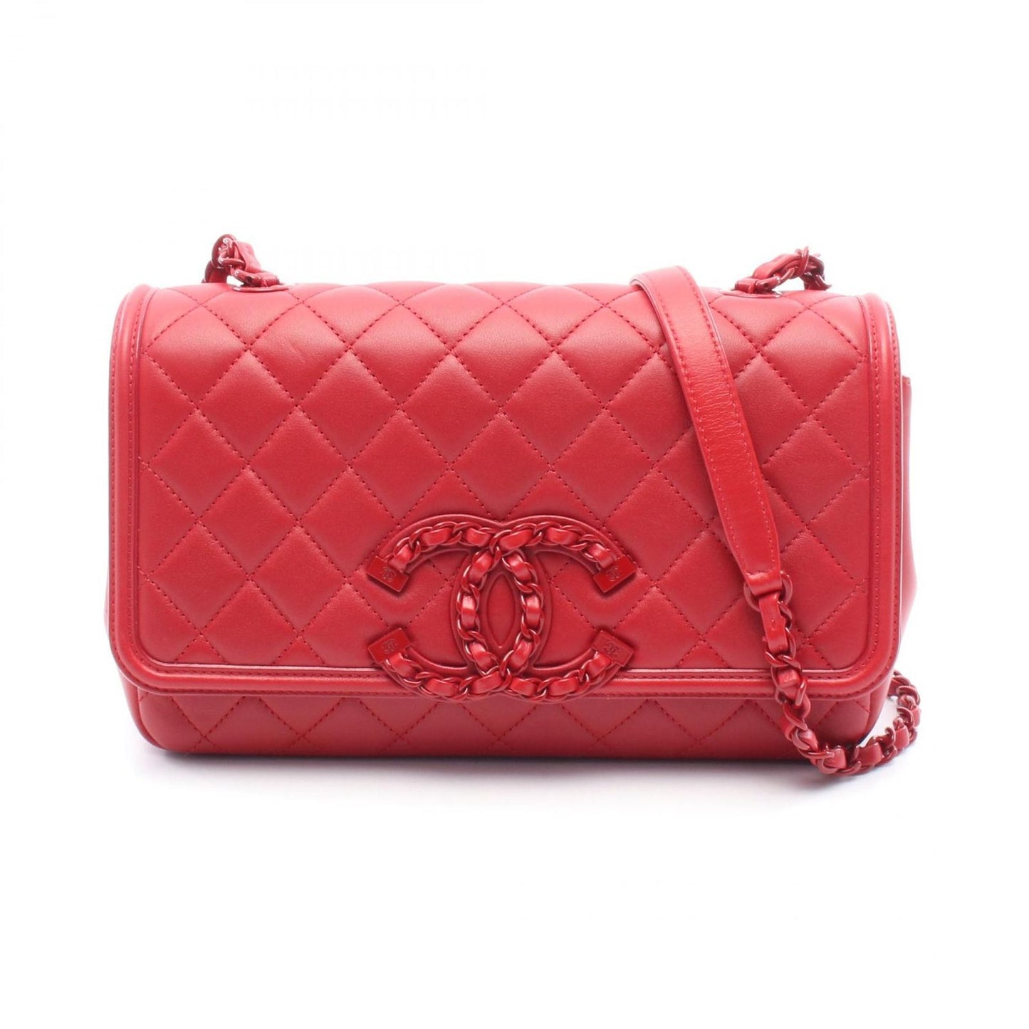 CHANEL CC Filigree Matelassé Shoulder Bag in Red Leather