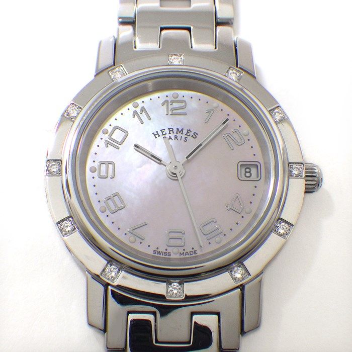 HERMES Clipper Nacre CL4.230 Diamond Bezel Pink Shell Dial Watch