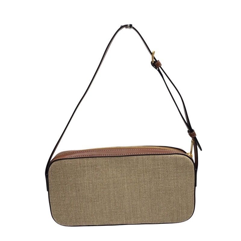 CELINE Triomphe Camera Shoulder Bag in Tan Canvas & Calfskin