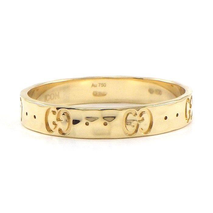 GUCCI Hammered Finish GG Logo Ring in 18K Yellow Gold - Size 26
