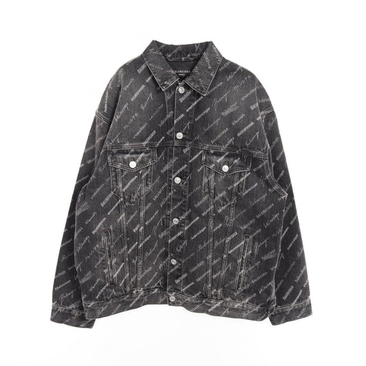 BALENCIAGA All-Over Logo Denim Jacket - Large Fit - Black