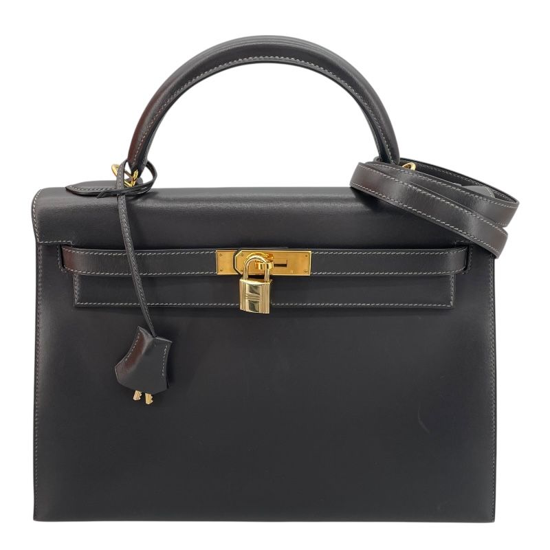 HERMES Kelly 32 Graphite Box Calf Handbag with Gold Hardware