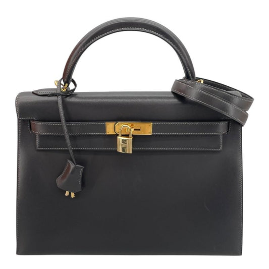 HERMES Kelly 32 Graphite Box Calf Handbag with Gold Hardware