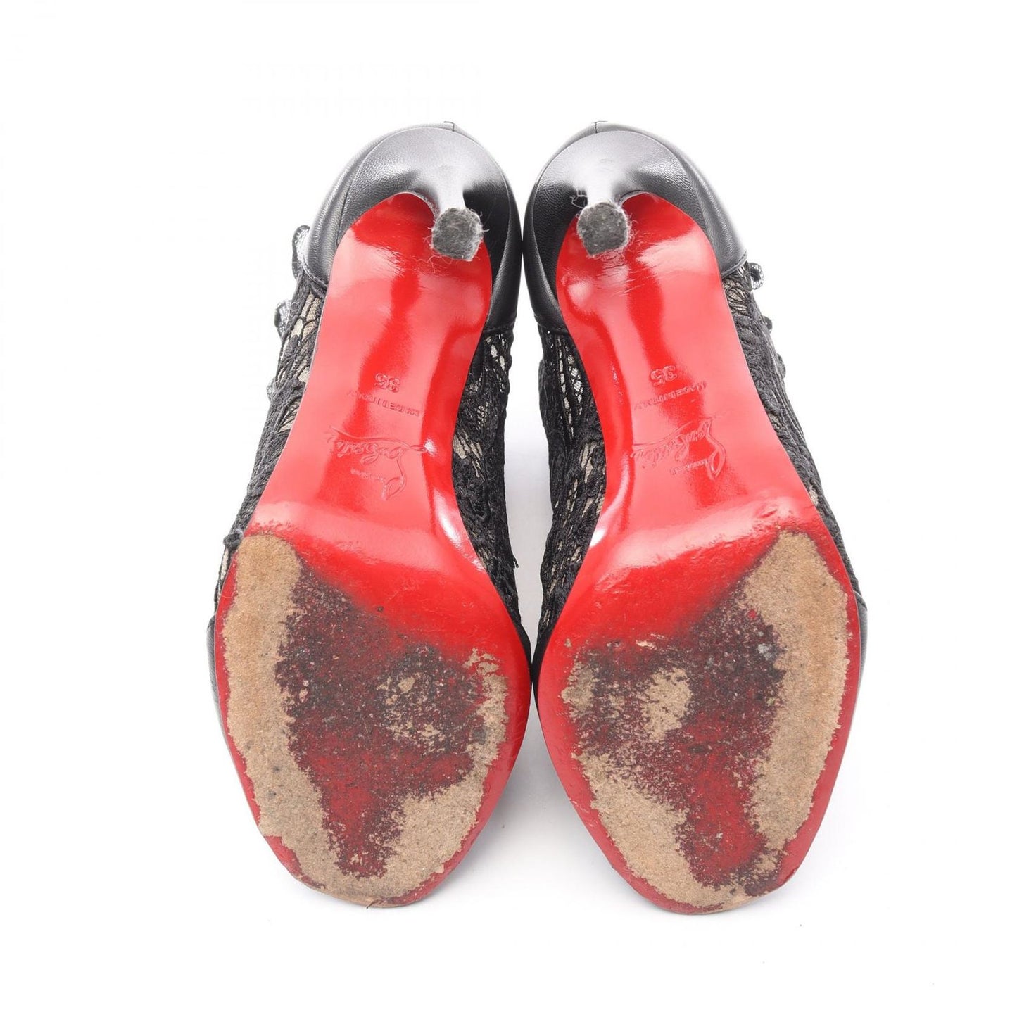 Christian Louboutin Black Leather Lace Open-Toe Booties - Size 35