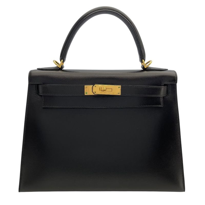 HERMES Kelly 28 Black Box Calf Shoulder Bag with Gold Hardware