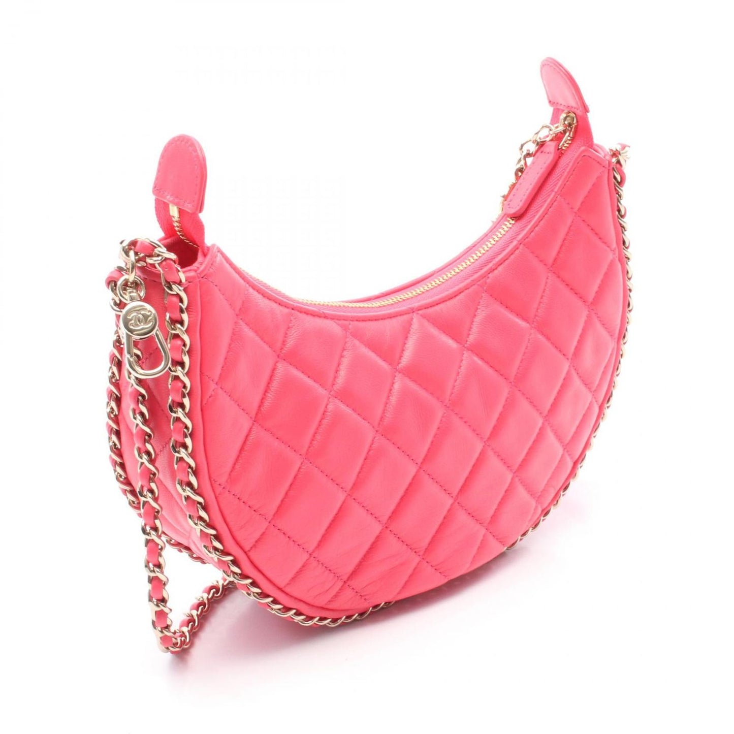 CHANEL Matelassé Half Moon Pink Leather Shoulder Bag