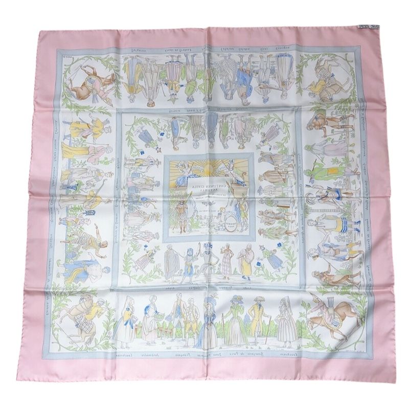 HERMES Carre 90 Costumes Civils Actuels Pink Silk Scarf