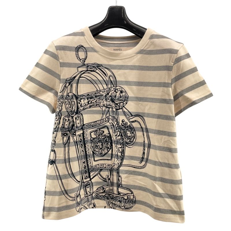 HERMES Ivory Cotton Striped Print T-Shirt for Women