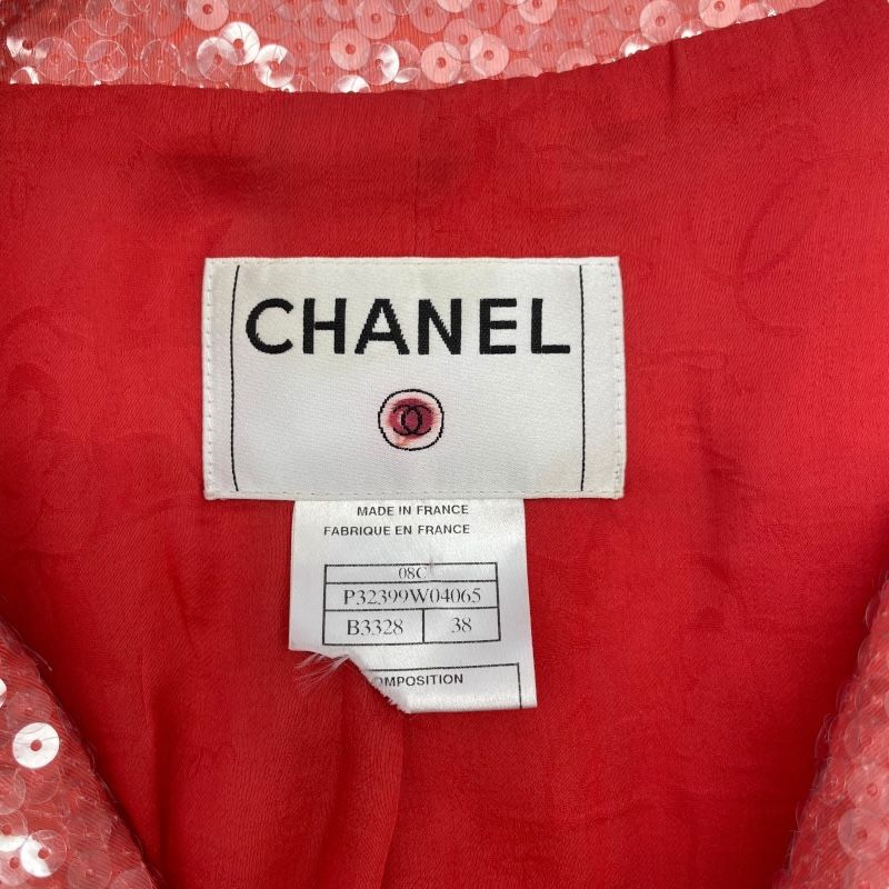 CHANEL Orange Sequin-Trimmed Tweed Jacket - Size 38