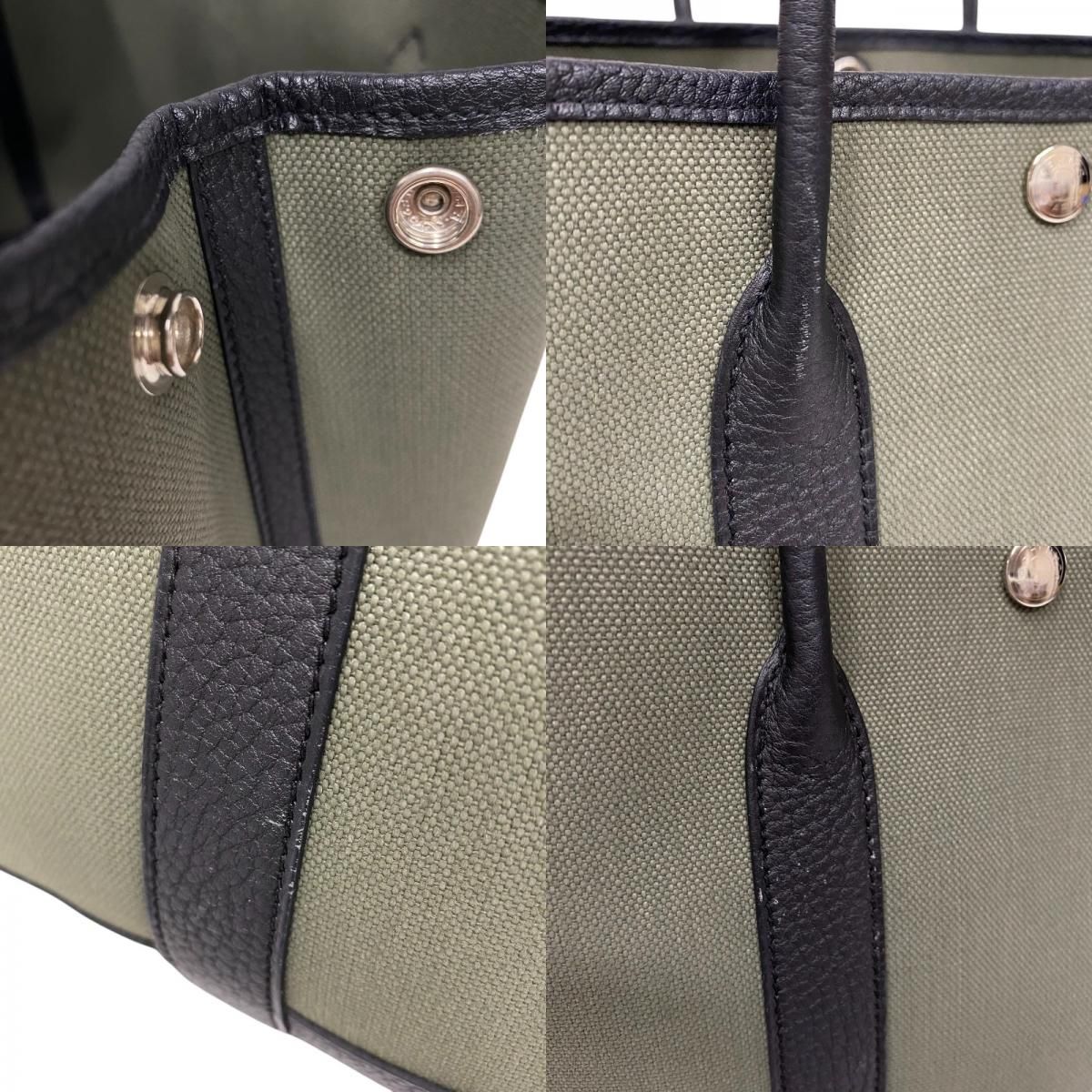 HERMES Garden Party TPM Tote Bag in Khaki & Black with Silver Hardware