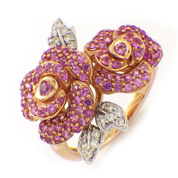 Exquisite Pink Sapphire & Diamond Floral Motif Ring in K18 Pink Gold
