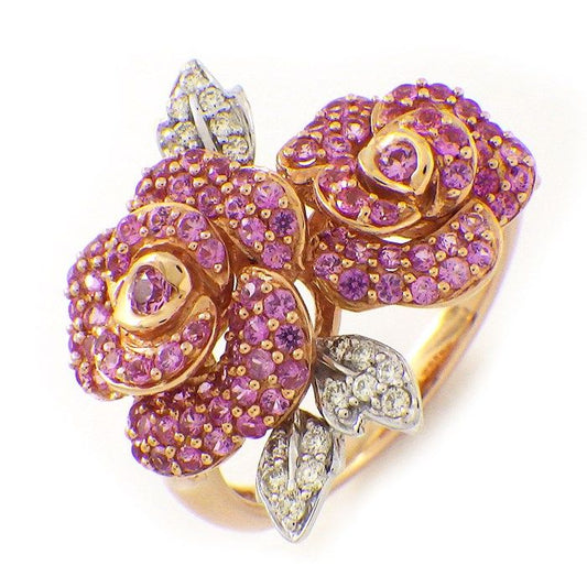Exquisite Pink Sapphire & Diamond Floral Motif Ring in K18 Pink Gold